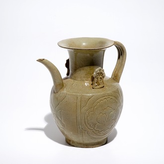 A Chinese greenware ewer with incised peony design, Song