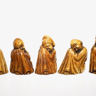 Five Chinese Ming-style ivory models of immortals, 19/20th C.