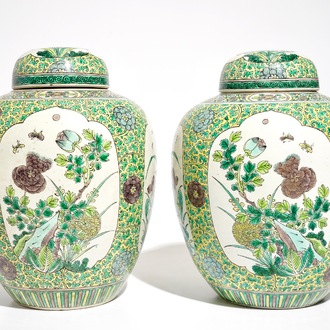 A pair of Chinese verte biscuit ginger jars and covers, 18/19th C.