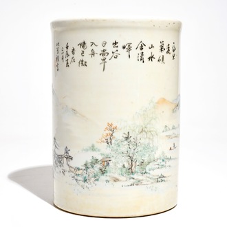 A tall cylindrical Chinese qianjiang cai brush pot, 19/20th C.