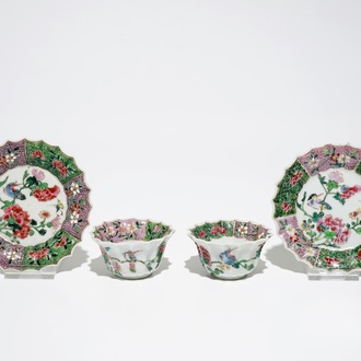 A pair of Chinese lobed famille rose cups and saucers, Yongzheng