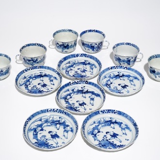 Six tasses et soucoupes en porcelaine de Chine bleu et blanc, marque de Kangxi, 19ème
