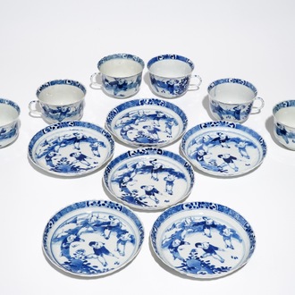 Six Chinese blue and white cups and saucers, Kangxi mark, 19th C.