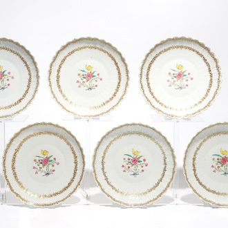 Six assiettes en porcelaine de Chine à décor Löwestoft, Qianlong