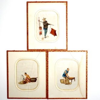 Trois peintures de professions sur papier de riz, Chine, Canton, 19ème
