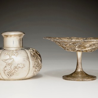 A Chinese silver tea caddy and an openworked dragon tazza, 19/20th C.