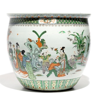 A Chinese famille verte fish bowl with figural design, 19th C.