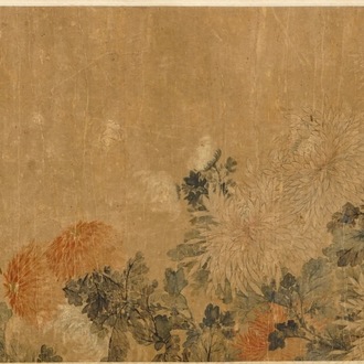 Een horizontaal Chinees schilderij met floraal decor, 18/19e eeuw