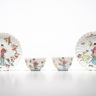 A pair of Chinese lobed famille rose cups and saucers with Magu, Yongzheng