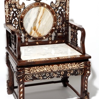 A Chinese Peranakan or Nyonya mother of pearl and marble inset hongmu chair, 19th C.