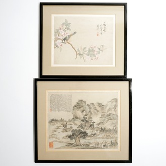 Deux peintures figurant un paysage et un oiseau sur branche, Chine, 18/19ème