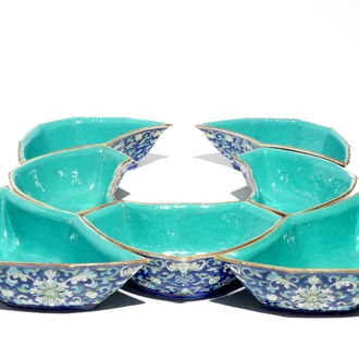 A Chinese polychrome blue-ground sweetmeat or rice table set, 19th C.