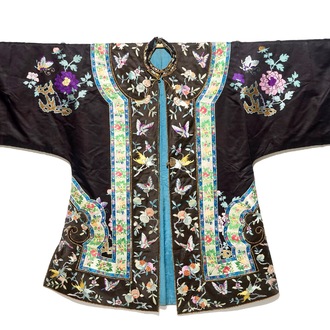 A Chinese embroidered silk woman's robe with butterflies and fruits, Qing