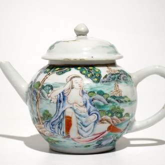 A Chinese famille rose teapot and cover with erotical design, Qianlong