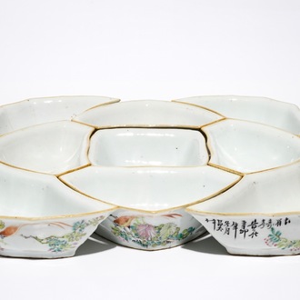 A Chinese qianjiang cai sweetmeat or rice table set with birds among flowers, 19th C.