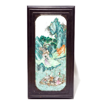 A Chinese famille rose plaque mounted as a table inset, 19th C