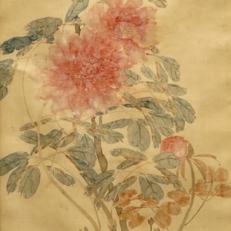 A Chinese silk painting depicting peony flowers, 19th C.