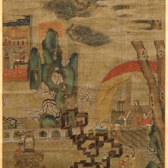 A Chinese silk scroll painting of a garden scene, signed, 18/19th C.