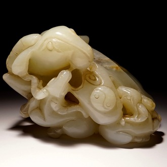 A Chinese white jade carving of a "Three rams" group, 19/20th C.