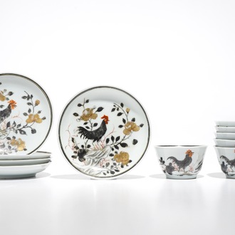 Six Chinese grisaille cups and five saucers with rooster design, Yongzheng/Qianlong