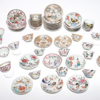 Trente-trois tasses et vingt-deux soucoupes en porcelaine de Chine famille rose, Yongzheng/Qianlong