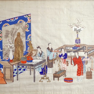 Een Chinese schildering op textiel met offerscène bij altaar, 19e eeuw