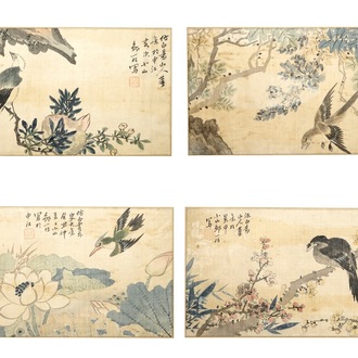 Een set van vier Chinese aquarellen van vogels bij bloesemtakken en kalligrafie, in kader, 19e eeuw