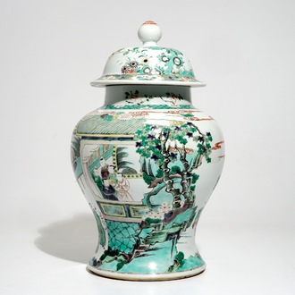 A Chinese Kangxi-style famille verte vase and cover, 19/20th C.