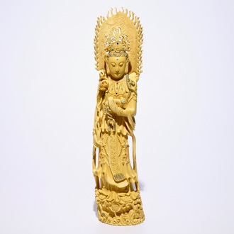 A tall Chinese carved and inlaid ivory figure of Guanyin, 19th C.