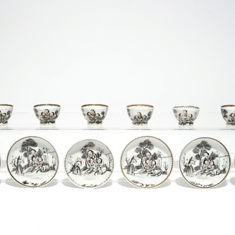 Six tasses et soucoupes miniatures en porcelaine de Chine grisaille  à décor de jésuites, Qianlong