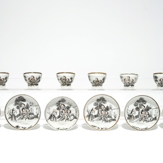 Six tasses et soucoupes miniatures en porcelaine de Chine grisaille  à décor de jésuites, Qianlong