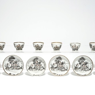 Zes Chinese miniatuur grisaille koppen en schotels met jezuïetendecor, Qianlong