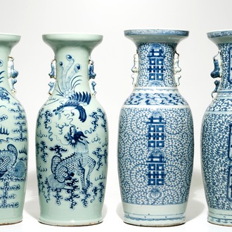 Two pairs of Chinese blue and white vases, one on celadon-ground, 19th C.