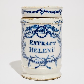 A Dutch Delft blue and white albarello or drug jar with cover, 18th C.