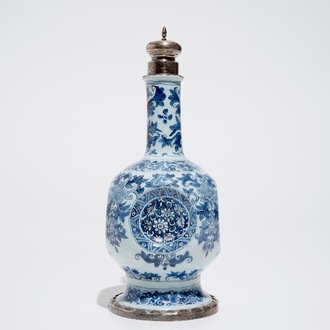 An indented Dutch Delft blue and white silver-mounted vase, Samuel van Eenhoorn, 1678 - 1686