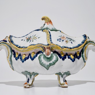 A polychrome Brussels faience Rococo tureen and cover, 18th C.