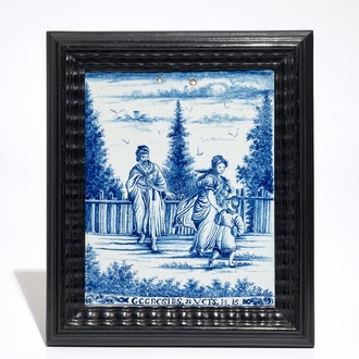 Une plaque rectangulaire en faïence de Delft bleu et blanc au sujet religieux, 18ème