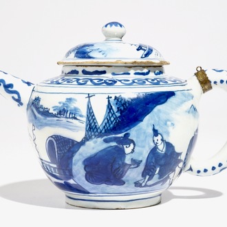 A Dutch Delft blue and white chinoiserie teapot and cover, 1st half 18th C.