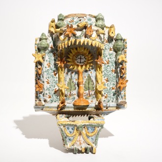 A large polychrome Spanish pottery holy water font, Talavera, 2nd half 18th C.