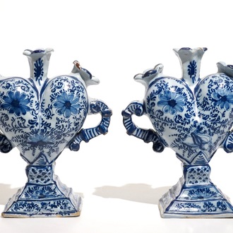 A pair of Delft style blue and white heart-shaped tulip vases, Nurnberg, Germany, 18th C.