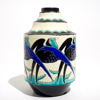 An art deco crackle glazed vase with swallows, Charles Catteau for Boch Kéramis, 1st half 20th C.