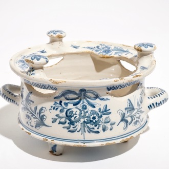 A blue and white Dutch Delft style Frisian warmer or chafing dish, dated 1783