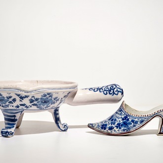 A Dutch Delft blue and white model of a slipper and a chafing dish, 18th C.