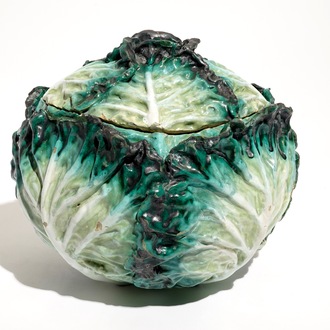 A polychrome cabbage tureen in French faience de l'est, Strasbourg, 18th C.