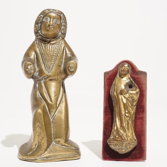 A small gilt bronze model of a Virgin and a bronze luster ornament shaped as a saint, 13/15th C.