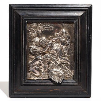 A silver relief plaque with a mythological scene with putto, poss. Antwerp, 17th C.
