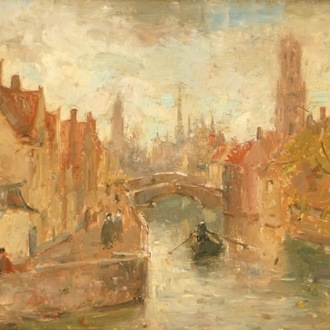 Frank, Lucien (Belgium, 1857-1920), A view on the Groenerei in Bruges, oil on panel