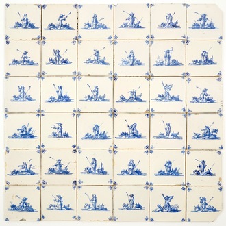 36 blauwwitte Delftse tegels met herders, 1e helft 18e eeuw