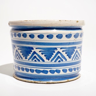 A blue and white maiolica ornamental albarello or ointment pot, The Netherlands, 17th C.