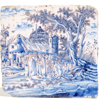 A large Dutch Delft blue, white and manganese biblical tile, 1st half 18th C.